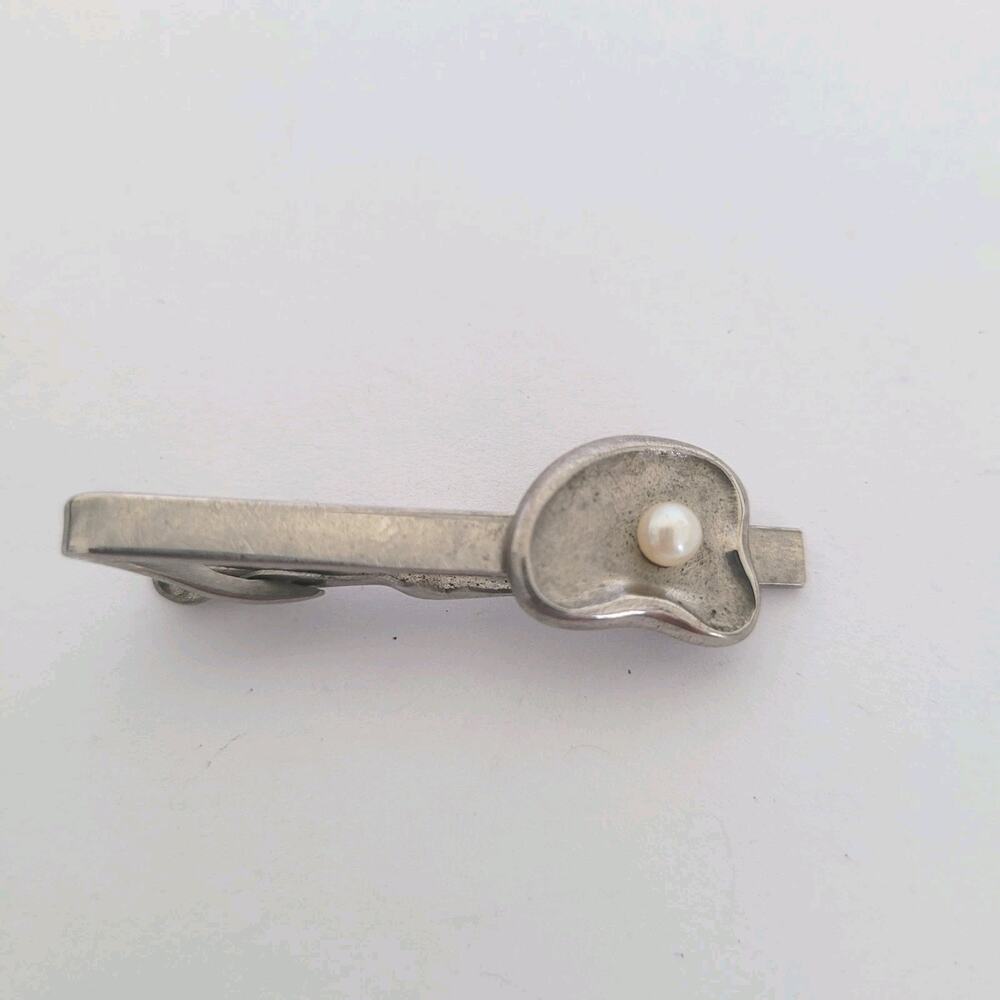 German Silver Tone Tie Bar Clip‎ Stick Clasp Pearl Unbranded Vintage
